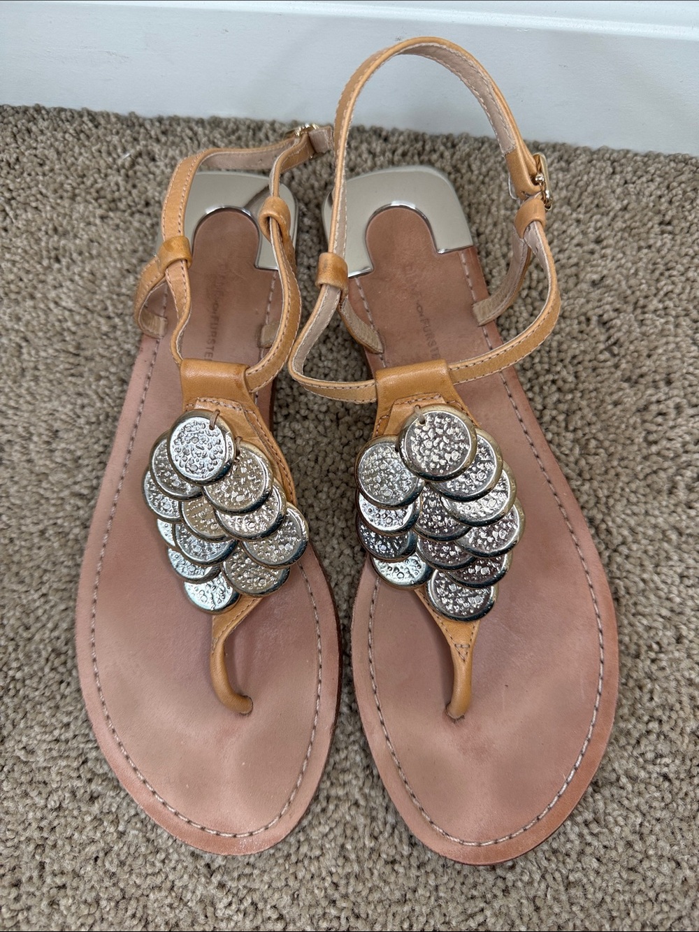 Diane Von Furstenberg | Tan Leather T-Strap Sandals with Gold Discs | Size 8